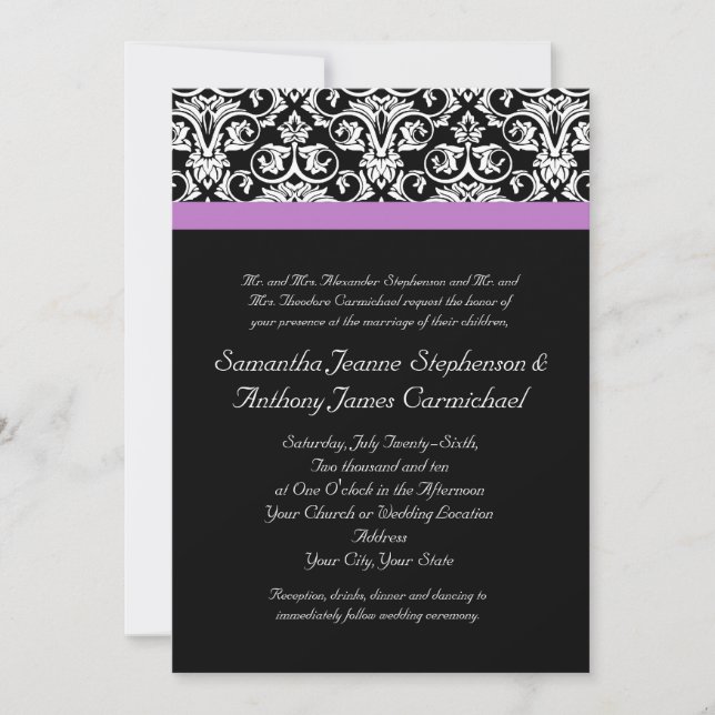 Lavender Purple Damask Black/White Invitation (Front)