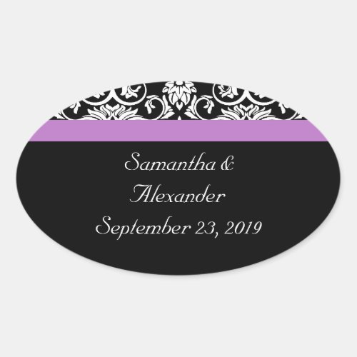 Lavender Purple Damask BlackWhite Oval Sticker