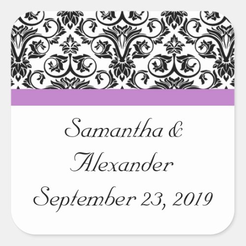 Lavender Purple Damask BlackWhite Square Sticker