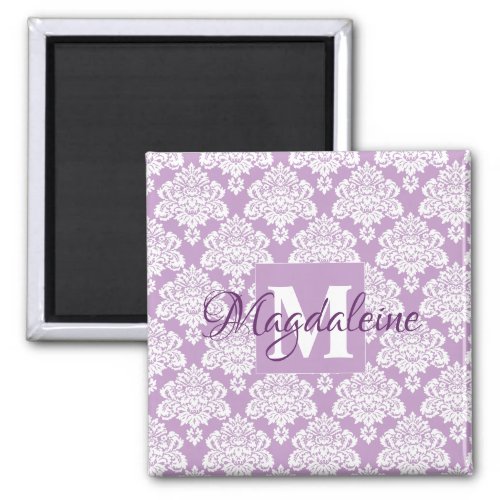 Lavender Purple Damask Monogram with Name Magnet