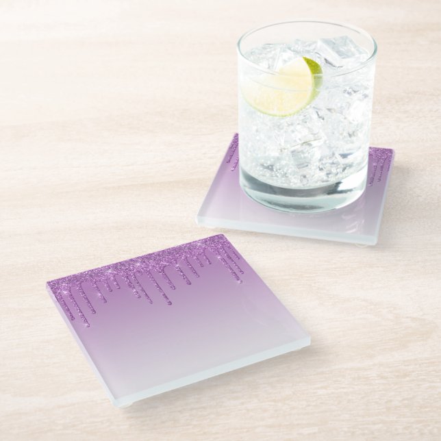 Lavender Purple Dripping Glitter Glass Coaster (Angled)