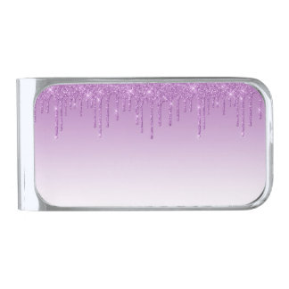 Lavender Purple Dripping Glitter Silver Finish Money Clip