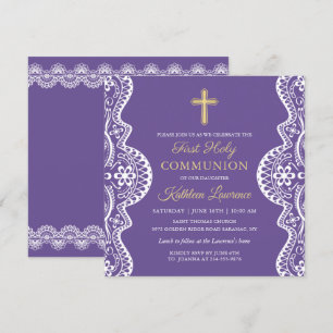 Lavender Purple Elegant Lace First Holy Communion Invitation
