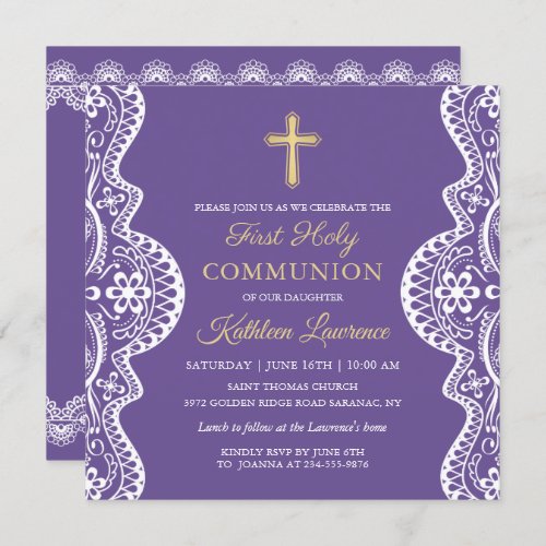 Lavender Purple Elegant Lace First Holy Communion Invitation