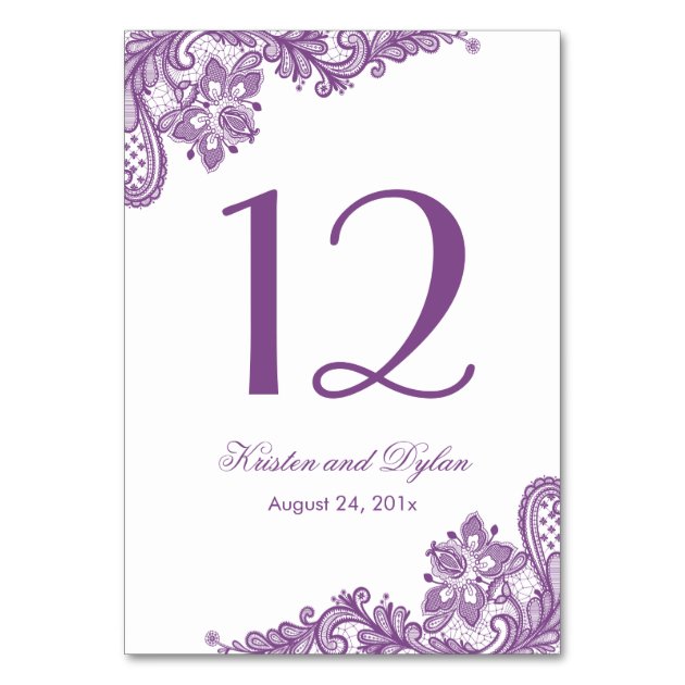 Lavender Purple Elegant Lace Wedding Table Number Card