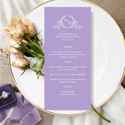 Lavender Purple Elegant Monogram Wedding Menu