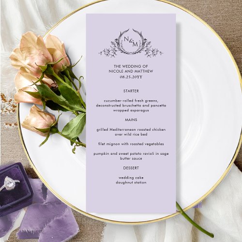 Lavender Purple Elegant Monogram Wedding Menu