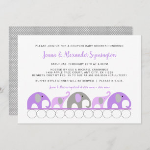 Lavender Purple Elephants Couples girl Baby Shower Invitation