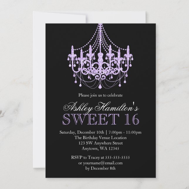Lavender Purple Faux Glitter Chandelier Sweet 16 Invitation (Front)