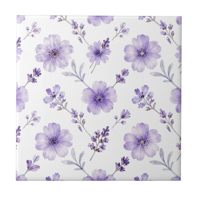 Lavender Purple Flax Flower Watercolor Pattern Ceramic Tile (Front)
