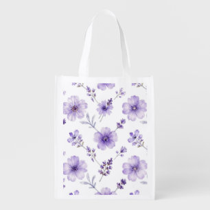 Lavender Purple Flax Flower Watercolor Pattern Grocery Bag
