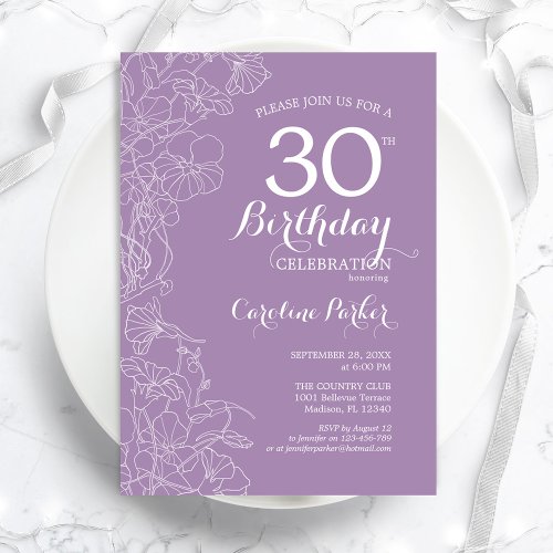 Lavender Purple Floral 30th Birthday Party Invitation