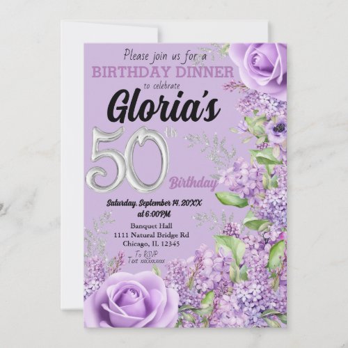Lavender purple floral 50th birthday invitation 