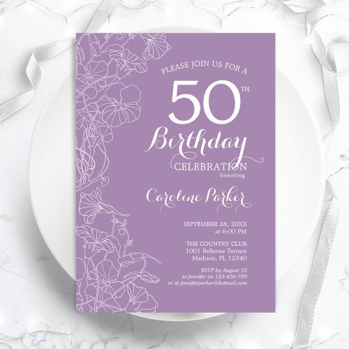 Lavender Purple Floral 50th Birthday Party Invitation