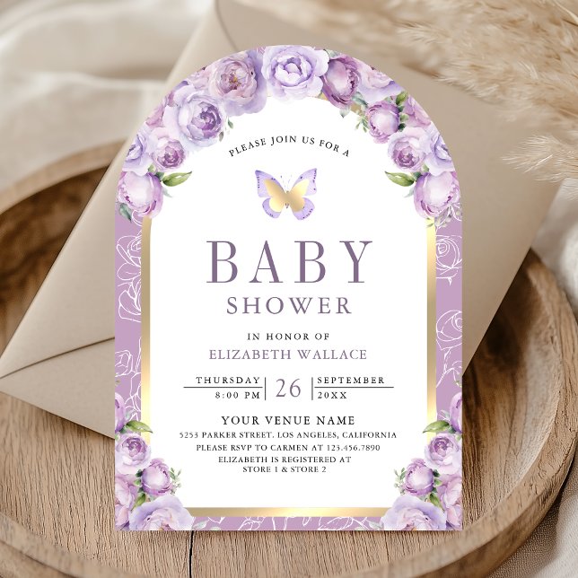 Lavender Purple Floral Arch Butterfly Baby Shower Invitation (Creator Uploaded)