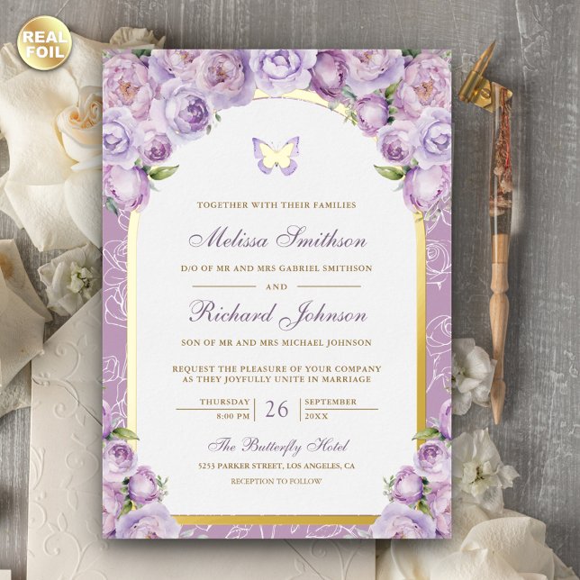 Lavender Purple Floral Arch Butterfly Wedding Gold Foil Invitation (Creator Uploaded)