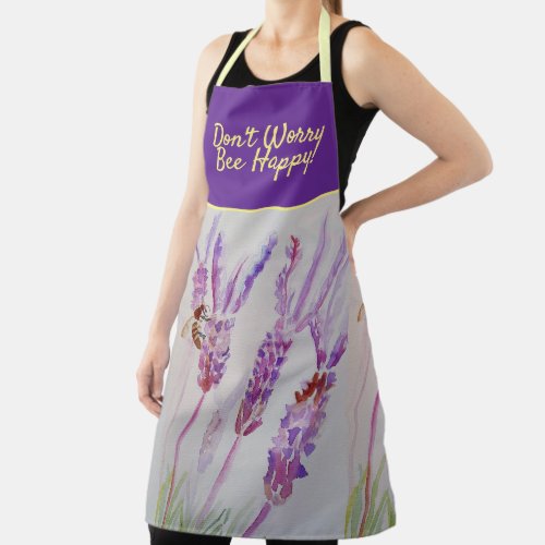 Lavender Purple Floral Art Dont Worry Bee Happy Apron