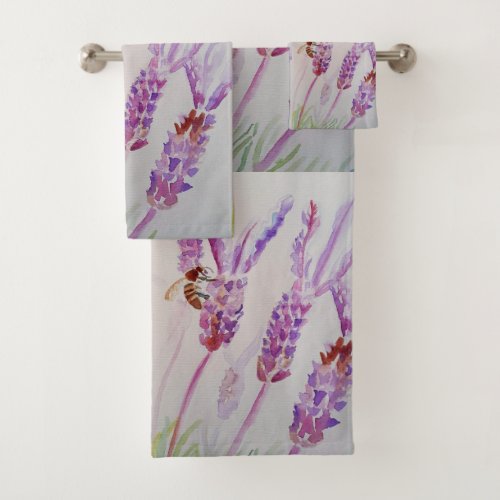 Lavender Purple Floral Art Dont Worry Bee Happy Bath Towel Set