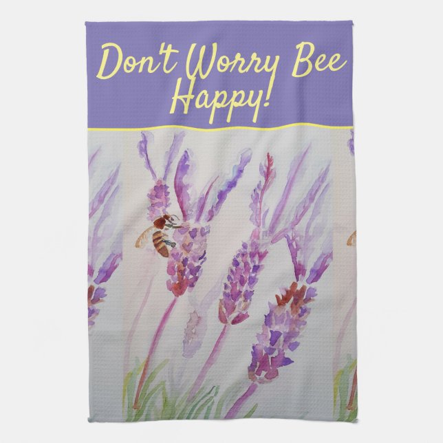 Lavender Purple Floral Art Don't Worry Bee Happy Kitchen Towel (Vertical)