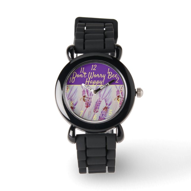 Lavender Purple Floral Art Don't Worry Bee Happy   Watch (Front)