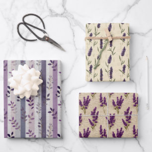 Lavender Purple Floral Botanical Stripes Birthday Wrapping Paper Sheets