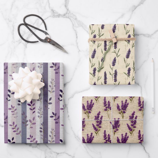 Lavender Purple Floral Botanical Stripes Birthday  Wrapping Paper Sheets (Front)