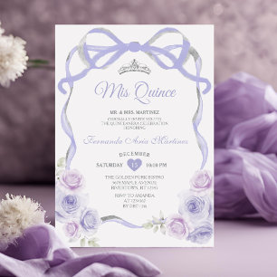 Lavender Purple Floral Bow Frame Silver Mis Quince Invitation