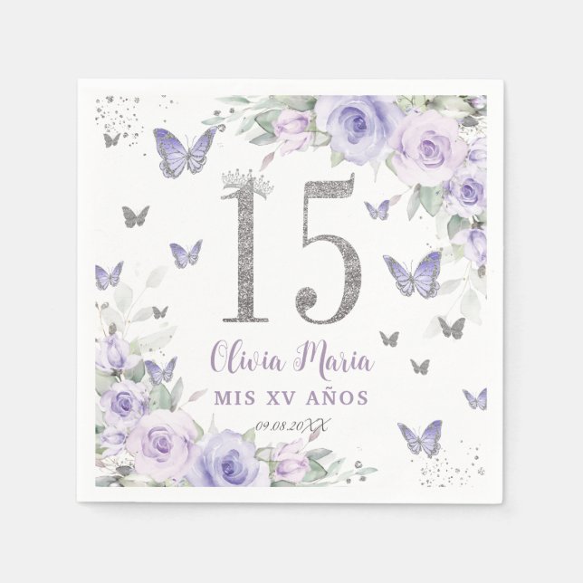 Lavender Purple Floral Butterflies Quinceañera 15 Napkins (Front)