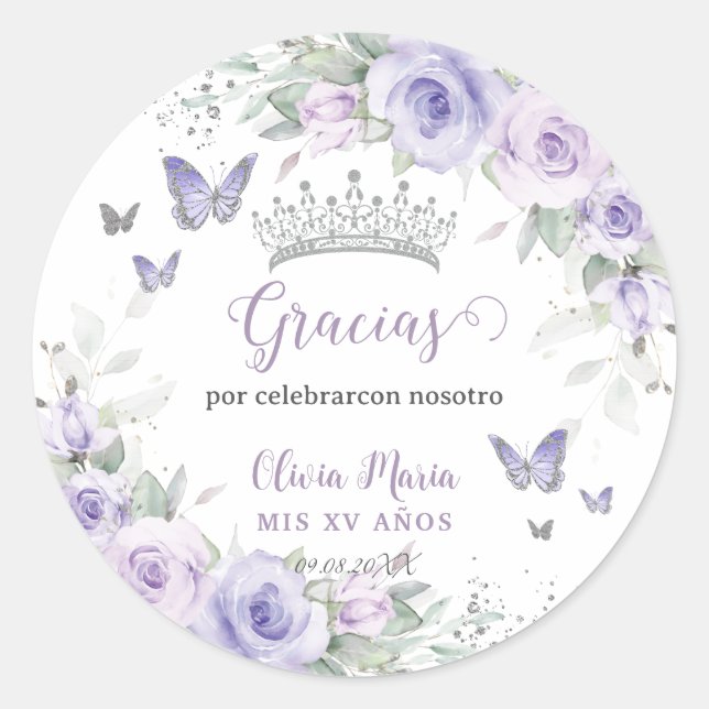 Lavender Purple Floral Butterflies Quinceañera Classic Round Sticker (Front)