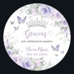 Lavender Purple Floral Butterflies Quinceañera Classic Round Sticker<br><div class="desc">Personalize these pretty floral Quinceañera / Sweet 16 / Cincoañera birthday sticker labels easily and quickly. Simply click the customize it further button to edit the texts, change fonts and fonts colors. Featuring pretty pastel lavender purple flowers, delicate greenery and purple and silver butterflies. Matching items available in store. (c)...</div>