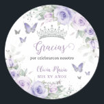 Lavender Purple Floral Butterflies Quinceañera Classic Round Sticker<br><div class="desc">Personalize these pretty floral Quinceañera / Sweet 16 / Cincoañera birthday sticker labels easily and quickly. Simply click the customize it further button to edit the texts, change fonts and fonts colors. Featuring pretty pastel lavender purple flowers, delicate greenery and purple and silver butterflies. Matching items available in store. (c)...</div>