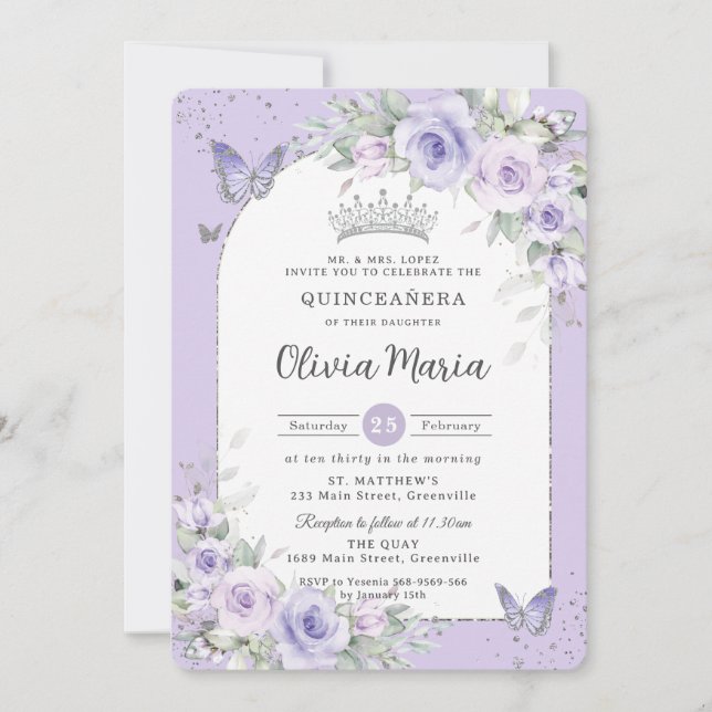 Lavender Purple Floral Butterflies Quinceañera Invitation (Front)