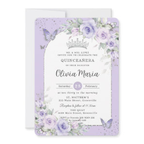 Lavender Purple Floral Butterflies Quinceañera Invitation
