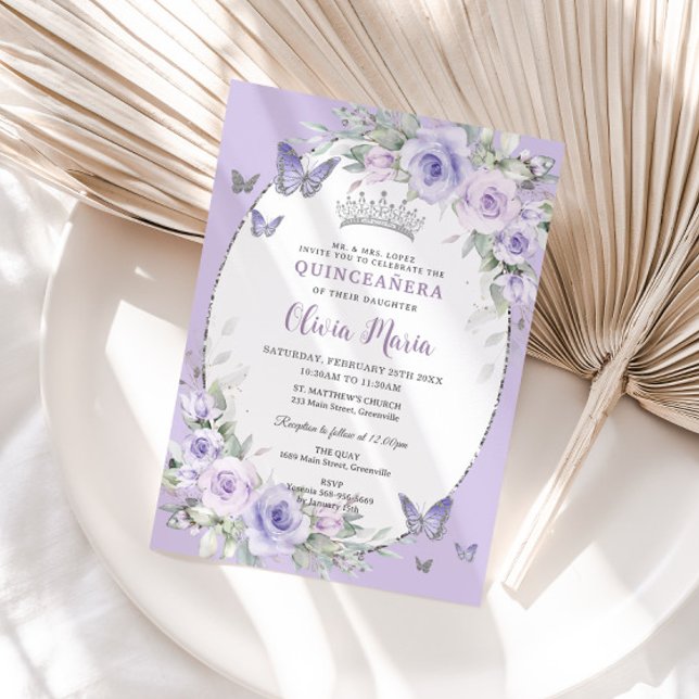 Lavender Purple Floral Butterflies Quinceañera Invitation (Creator Uploaded)