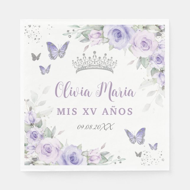 Lavender Purple Floral Butterflies Quinceañera Napkins (Front)
