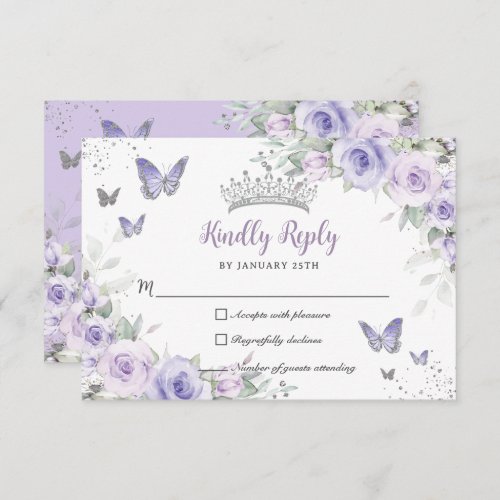 Lavender Purple Floral Butterflies Quinceaera RSVP Card