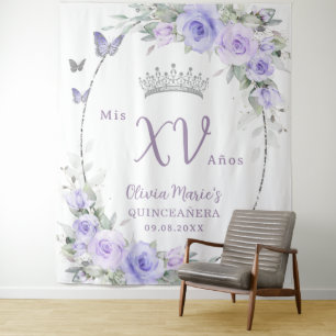 Lavender Purple Floral Butterflies Quinceañera Tapestry