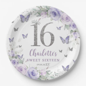 Lavender Purple Floral Butterflies Sweet 16 Paper Plates