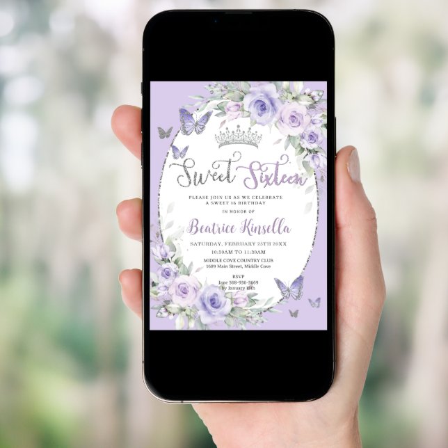 Lavender Purple Floral Butterflies Sweet Sixteen Invitation (Front Digital)