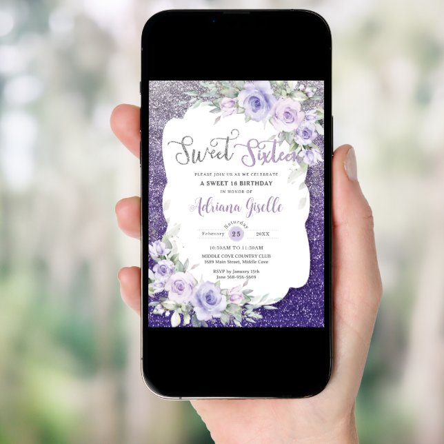 Lavender Purple Floral Butterflies Sweet Sixteen Invitation (Front Digital)