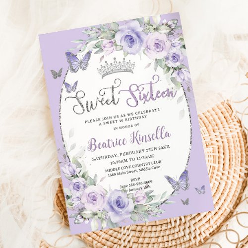 Lavender Purple Floral Butterflies Sweet Sixteen Invitation