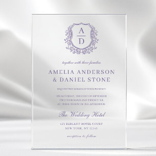 Lavender Purple Floral Crest Monogram Wedding Acrylic Invitations