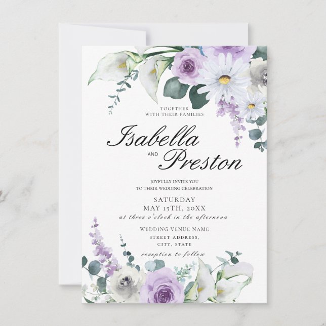 Lavender Purple Floral Elegant Lilies Wedding Invitation (Front)