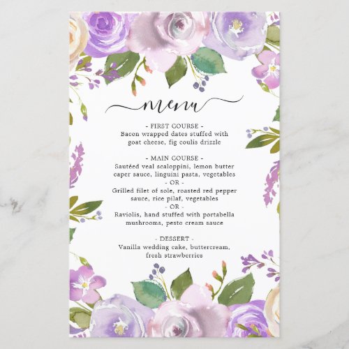 Lavender Purple Floral Elegant Wedding Menu