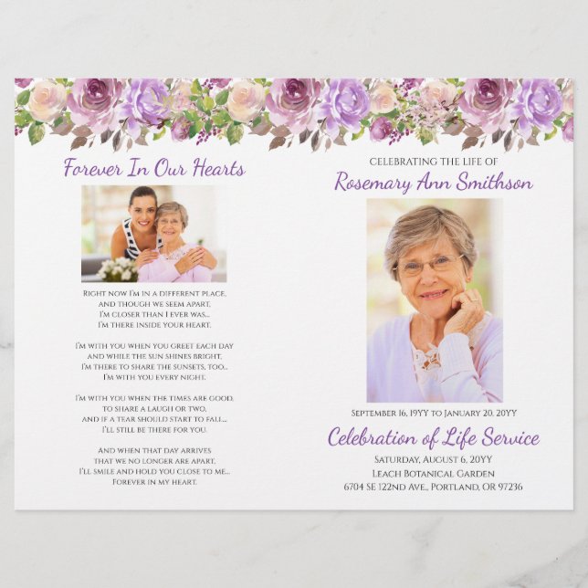 Lavender Purple Floral Funeral Flyer Template (Front)