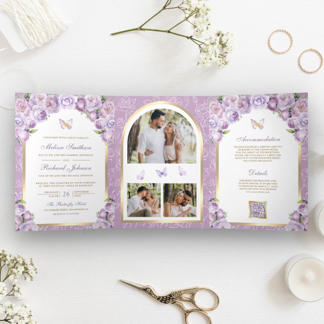 Lavender Purple Floral Gold Arch Butterfly Wedding Tri-Fold Invitation (Creator Uploaded)