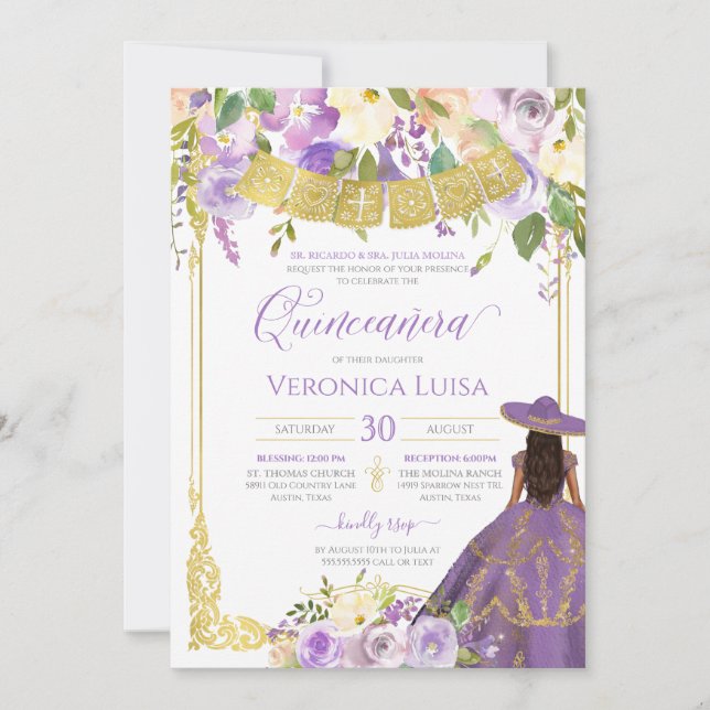 Lavender Purple Floral & Gold Charro Quinceanera   Invitation (Front)