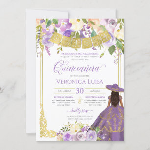 Lavender Purple Floral & Gold Charro Quinceanera Invitation