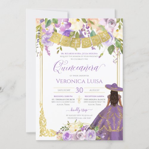 Lavender Purple Floral  Gold Charro Quinceanera   Invitation