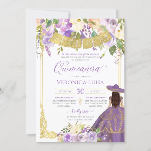 Lavender Purple Floral  Gold Charro Quinceanera  Invitation